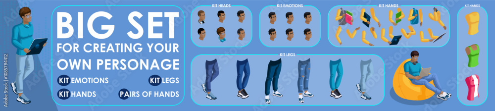 Poster isometric black man characters constructor for designed. set various action n7. set of students pers