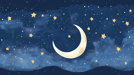 Naklejka premium Mystical celestial design with crescent moon and stars in deep blue night sky. Halcyon. Illustration