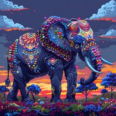 Obraz premium Colorful Mandala Elephant Against a Vibrant Sunset