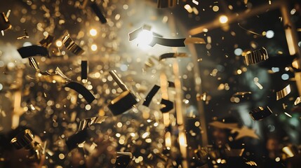 Cinematic shot of black and gold confetti at a luxury gala event