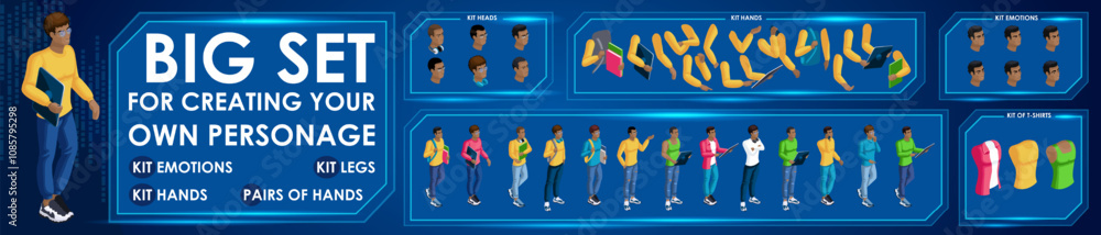 Poster isometric black man characters constructor for designed n3. presentation in various action. set of s