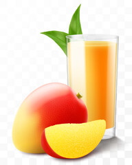 A glass of fresh mango fruit juice or smoothie with ice cubes falling into the glass. Cup of vitamin cocktail or yogurt with tasty mango, isolated on transparent background. Realistic 3d vector