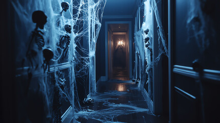 A spooky Halloween hallway adorned with skeletons and spider webs creates an eerie atmosphere perfect for frightful festivities