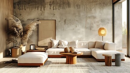 Farmhouse living room design, white furniture on bright wall background
