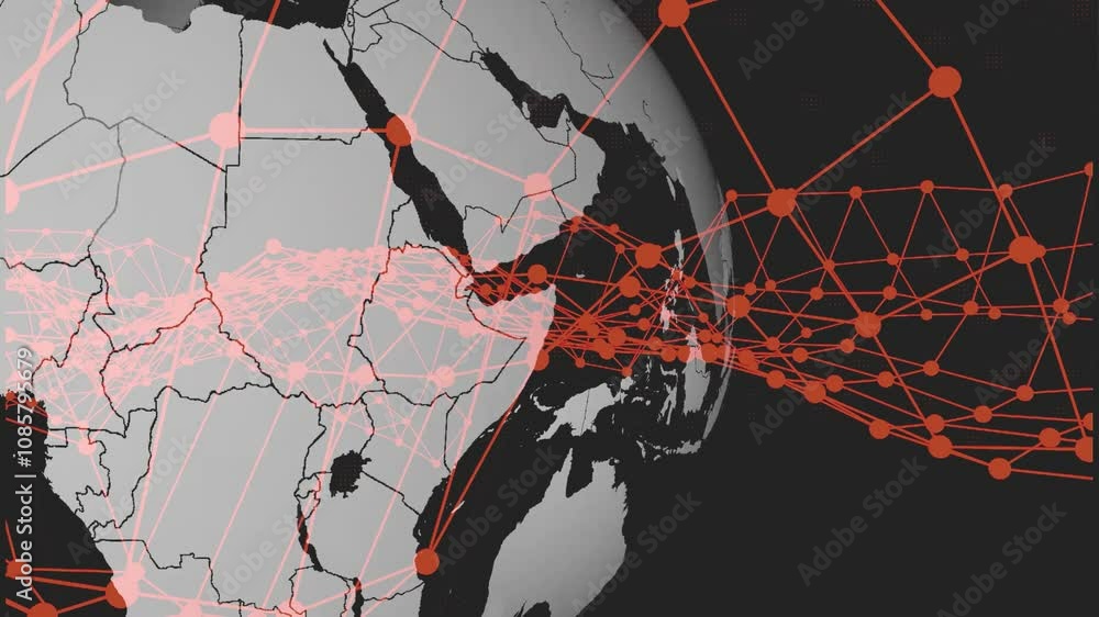 Poster animation of a world map with glowing red connections across continents.