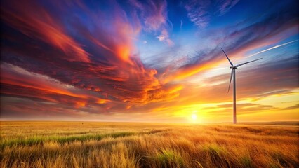 Serene Sunset Landscape with a Single Wind Turbine in a Golden Field