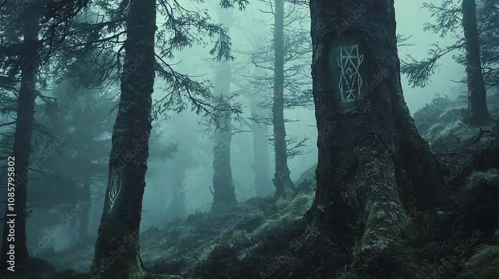 Poster mysterious dark forest with twisted ancient trees and ethereal mist revealing nature's hidden secret
