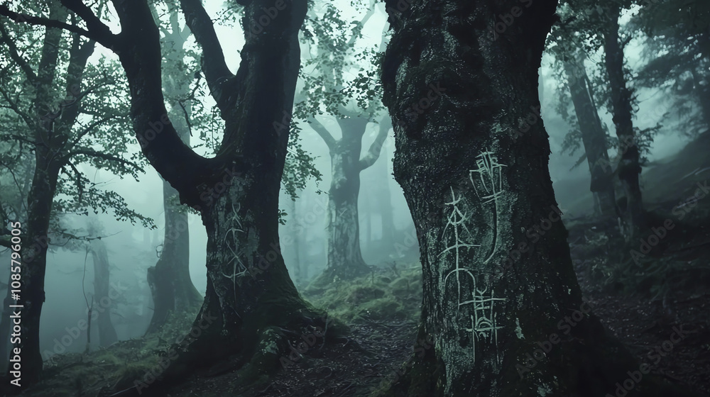 Poster mysterious dark forest with ancient twisted trees shrouded in mist during twilight hours