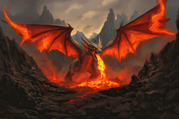 Ferocious fire breathing dragon with open wings, claws and fangs over a lava flow in a mountainous environment, AI generated