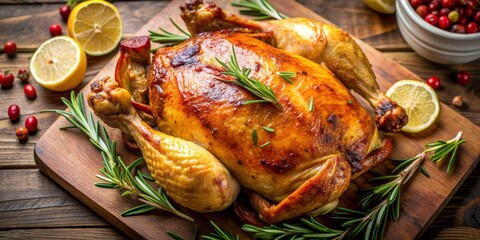 Roasted Chicken with Rosemary and Lemon on Wooden Board, Food Photography, Delicious, Festive, Dinner ,roasted chicken, food photography