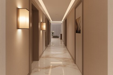 Fototapeta premium Narrow hallway in a modern house with a marble floor and built-in wall lights.