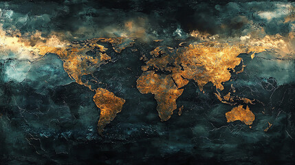 A dark storm looms over an illuminated world map featuring prominent borders and geographical details
