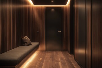 Modern hallway with a built-in bench, dark wood paneling, and soft ambient lighting.