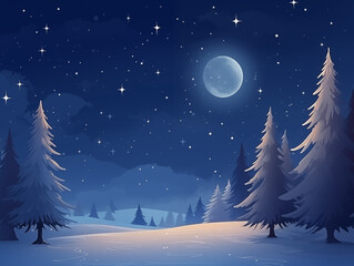 Naklejka premium Winter night with full moon and snow-covered trees.