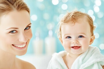 A mother tenderly dries her baby after a warm bath in a softly blurred bathroom setting