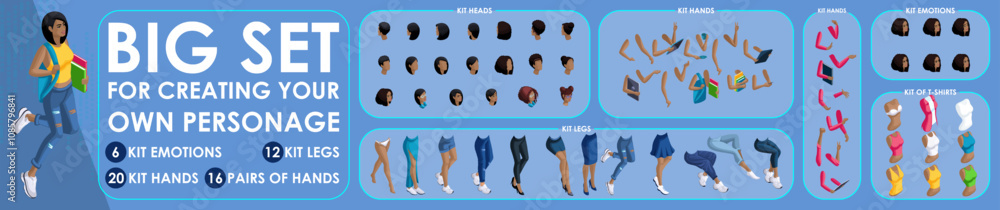 Poster isometric woman black characters constructor for designed. set various action n3. set of students pe