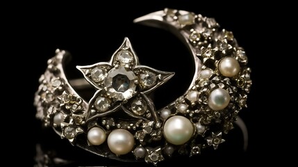 Ornate Crescent Moon Ring with Star and Pearls
