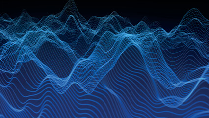 Futuristic point wave of particles. Visualization of sound waves. Dark background. Technology or science banner. Abstract, colorful digital 3D wave. Vector illustration.