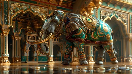 Colorful Mandala-Style Elephant in Vibrant Palace Setting