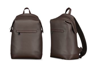 Realistic elegant brown leather backpack, front and side view isolated on transparent background