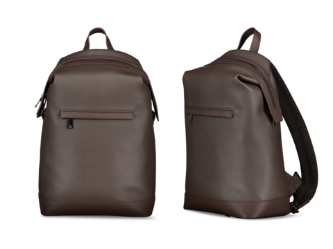 Realistic elegant brown leather backpack, front and side view isolated on transparent background