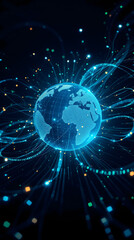 Obraz premium An abstract technology-themed image featuring a digital globe with glowing nodes, representing global connectivity.