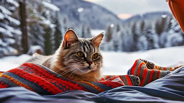 winter forest camping landscape with a cute cat, walking into an orange tent, in a snowy forest, autumnal fallen leaves on the snow-covered ground, with a serene and peaceful feel
