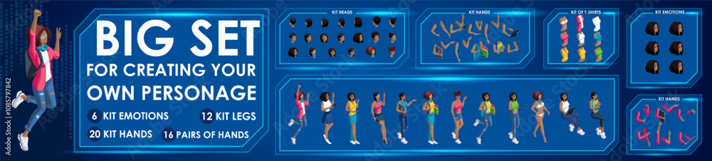Poster isometric woman black characters constructor for designed n5. presentation in various action. set of
