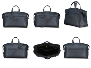 Dark navy blue leather duffel bag with sturdy handle, isolated on transparent background