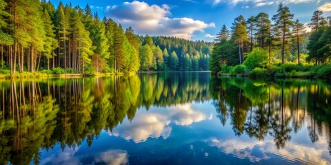 Serene Reflection of Forest and Clouds on Tranquil Lake, nature, forest, reflection