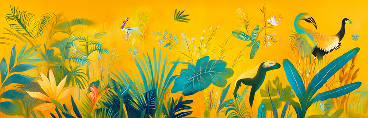 A vibrant tropical scene featuring lush plants and colorful birds.
