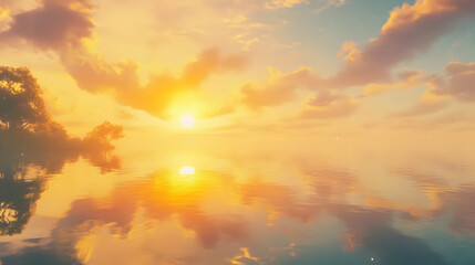 Naklejka premium A serene sunset over calm waters, reflecting vibrant colors and soft clouds.