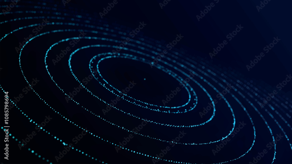 Poster futuristic dotted, circular particle wave. sound waves visualization. dark background. technology or