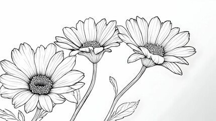 Line art illustration of three flowers with detailed petals and leaves.