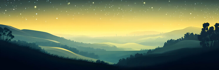 Obraz premium A serene landscape under a starry sky, showcasing rolling hills and a tranquil atmosphere.
