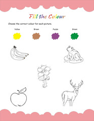 Colorful objects worksheet. Learning basic colors for preschoolers. Flashcard with red, green, orange, blue, yellow, purple, brown colors.