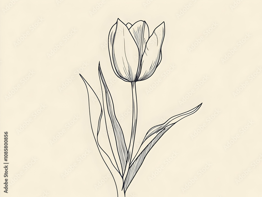 Poster a simple line drawing of a tulip with leaves on a soft background.