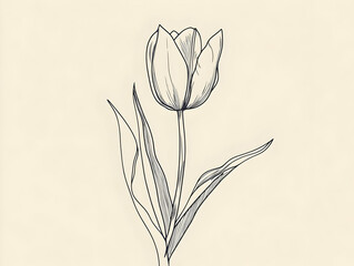 A simple line drawing of a tulip with leaves on a soft background.