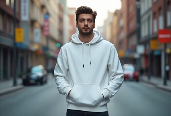 Obraz premium Front view of a young man wearing a blank white hooded sweatshirt with kangaroo pockets on a city street