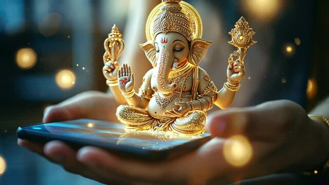 A person is holding a cell phone with a gold ganesh statue on it