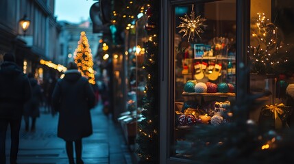 Obraz premium Festive winter evening with shoppers and decorated storefronts illuminated by holiday lights.