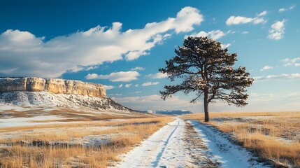 Lonely tree beside a snowy pathway with cliffs under a bright blue sky.
