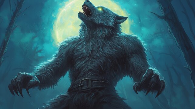 A fearsome werewolf stands under the full moon, howling in the dark forest, evoking themes of mythology and folklore.