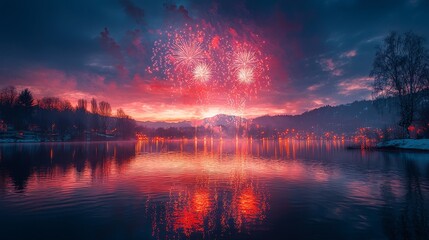 Breathtaking sunset reflected in water with vibrant fireworks display