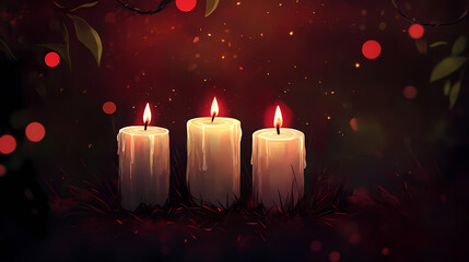 Four lit candles glow warmly against a dark background with red bokeh lights. Halcyon. Illustration