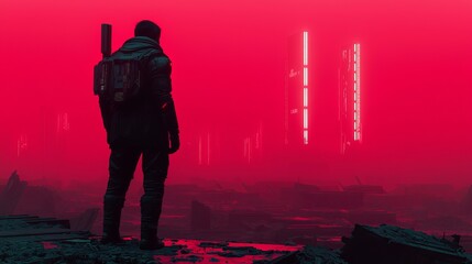 A solitary figure silhouettes against a red-lit, futuristic landscape, evoking themes of isolation and advanced technology.