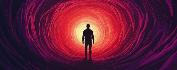 A solitary figure stands at the entrance of a vibrant, swirling tunnel, symbolizing introspection and the journey of self-discovery.