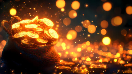 Golden coins in a bag with glowing lights. Halcyon. Illustration