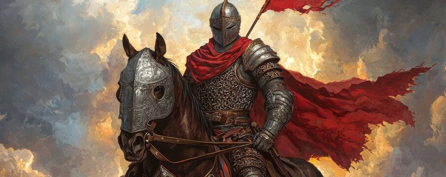 A valiant knight on horseback, draped in a flowing crimson cape, ready for adventure against a dramatic sky.
