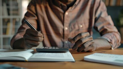 Close-up of a person using a calculator and notepad to track personal finances